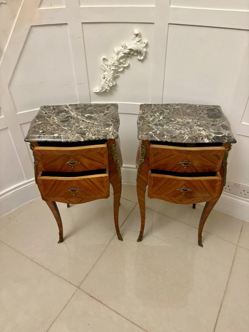 Antique Pair of Quality French Louis XV Style Marble-Top Bedside Cabinets